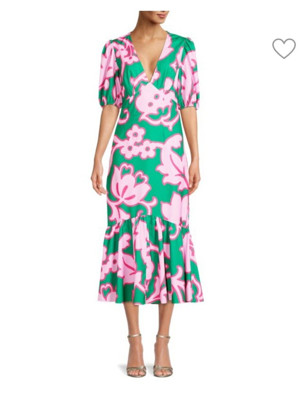 New RHODE Resort Lydia Wrap Dress Medium Green Pink Floral Cotton Puff Sleeves